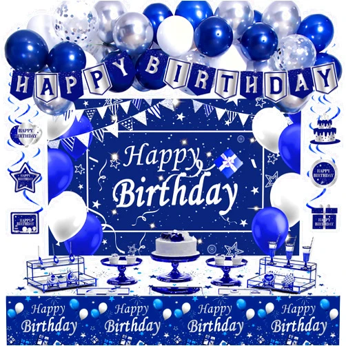 Perpetily Blue Birthday Decorations for Men Boys Women Girls, Silver and Blue Party Decorations Happy Birthday Banner Backdrop Silver Confetti Balloons Arch Garland Hanging Swirls Party Supplies Tablecloth