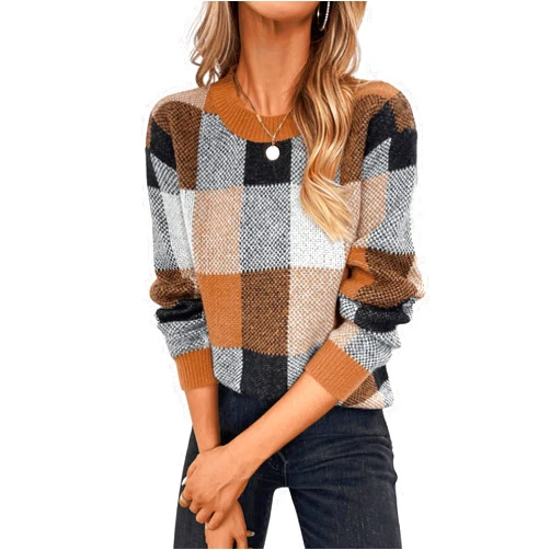 GORGLITTER Women's Argyle Checkered Sweater Plaid Long Sleeve Fall Knit Sweater Pullover Tops