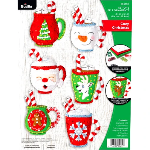 Bucilla, Cozy Christmas, Felt Applique 6 Piece Ornament Making Kit, Perfect for DIY Arts and Crafts, 89639E