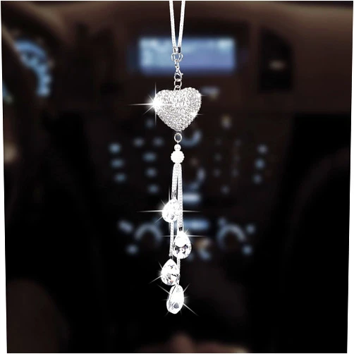 PAGOW Bling Heart Rhinestones Hanging Charm for Rear View Mirror, Silver Crystal Diamond Auto Interior Ornament Pendant Car Accessories Valentines Luxury Decor for Women Men