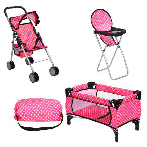 fash n kolor Doll Play Set 3 in 1 Doll Set, 1 Pack N Play. 2 Doll Stroller 3.Doll High Chair. Fits Up to 18'' Doll (Polka DOT)