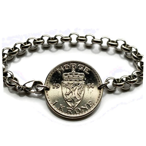 Coinedjewelry 1954 Norway Norge Noreg 1 Krone coin bracelet Norwegian lion initial H number 7 Oslo Bergen Stavanger Sandnes Trondheim Drammen Fredrikstad Sarpsborg Bokmal Nynorsk Norse Viken Viking Vestland b000143