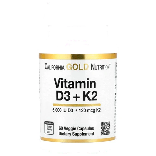 California Gold Nutrition Vitamin D3 + K2 as MK-7, 60 Veggie Capsules