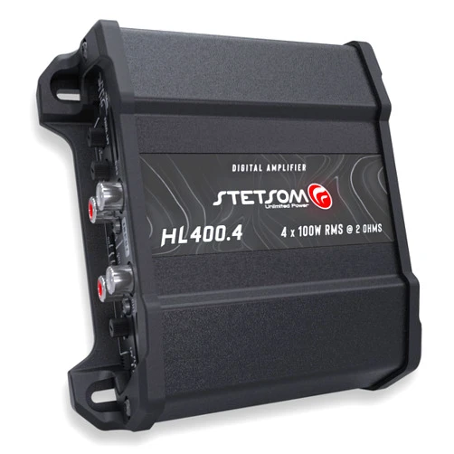 Stetsom HL 400x4 2 Ohms - Compact Digital 4 Channel Amplifier, 400W RMS 400x4, Full Range, High Input, Bass Boost Gain + 14db (Variable Adjustment 30-75hz), Multichannel, Digital Sound, Crossover