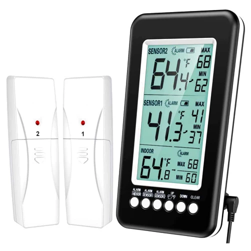 AMIR (Upgraded Version) AMIR Refrigerator Thermometer, Wireless Digital Freezer Thermometer with 2 Sensors, Indoor Outdoor Thermometer with Audible Alarm Temperature Gauge for Freezer Kitchen Home