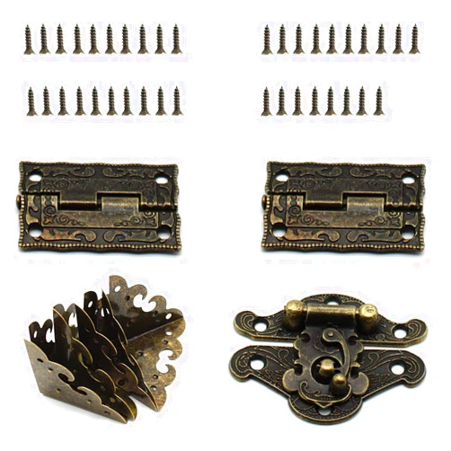 LBTODH Jewelry Box Hardware Kit, LBTODH 1 Sets Bronze Buckle Lock Retro Rectangle Engraved Style Hinges and Triangle Box Corner Protectors with Matching Screws for Making/Repairing Small Wooden Box Project