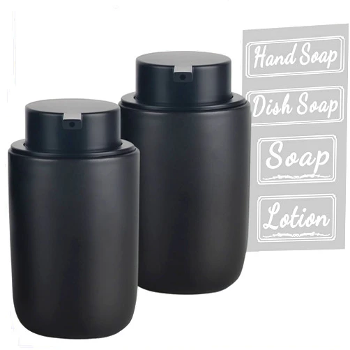 BosilunLife Black Soap Dispenser Set - 2 Pack 12oz Ceramic Dish Soap Dispenser with Rust Proof Pump for Kitchen, Hand Soap and Lotion Set Suitable for Farmhouse Bathroom Decor with Waterproof Labels