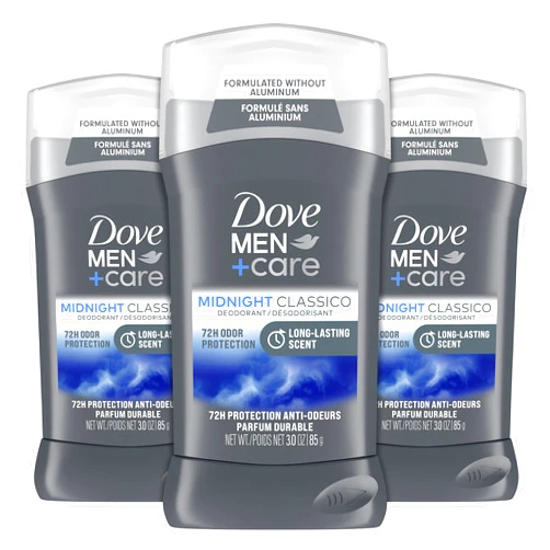 DOVE MEN + CARE Deodorant Stick for Men Midnight Classico 3 Count Aluminum Free 72-Hour Odor Protection Mens Deodorant With Essential Oils & 1/4 Moisturizing Cream 3oz