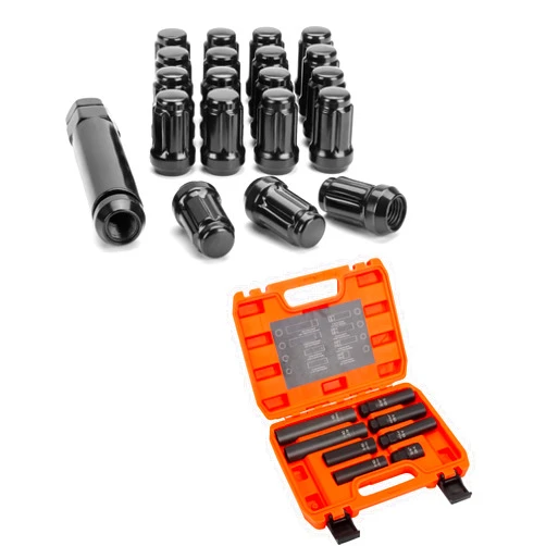 SUCOSO 1/2-20 Black Lug Nuts with 8PCS Lug Nut Socket Set for Jeep Wrangler, 1/2x20 Spline Lug Nuts Fit for 2002-2012 Liberty TJ XJ ZJ CJ5, 1993-2010 Grand Cherokee Aftermarket Tuner Wheels