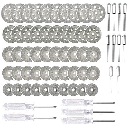 Asayu 50 Pcs Diamond Cutting Wheel Cut Off Discs Coated Rotary Tools With 10 Pcs 3mm Mandrel and 5 Pcs Cross Screwdriver for Cutting Gem Stones, Ceramics, Glass (25/22/20/18/16mm)