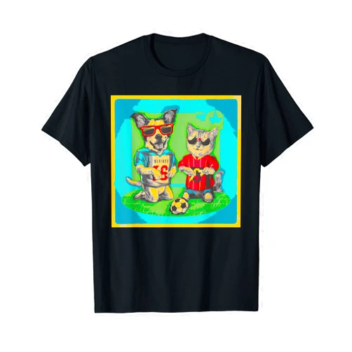 Humour Animal Puppy Corgi Dogs Playing Football Funny Cat With Dogs Playing Football Pet Kitten Animal Love T-Shirt
