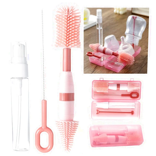 Anivona Travel Bottle Cleaner Kit, Anivona 5 in 1 Baby Bottle Cleaner Kit with Extendable Silicone Brush, Nipple Brush, Straw Brush, Soap Dispenser, Drying Rack, Ideal Gifts for Baby Travel Essential (Pink)