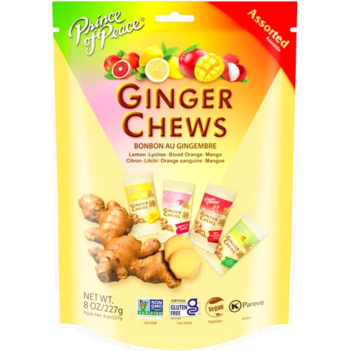 Prince of Peace Ginger Chews Assorted Flavors, 8 oz - Lemon, Lychee, Blood Orange, Mango - Candied Ginger Variety Pack - Natural Candy Pack