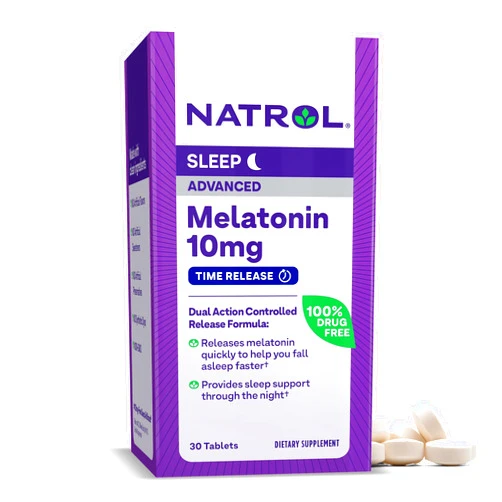 Natrol Melatonin Advanced Sleep Tablets with Vitamin B6, Helps You Fall Asleep Faster, Stay Asleep Longer, 2-Layer Controlled Release, 100% Drug-Free, Maximum Strength, 10mg, 30 Count