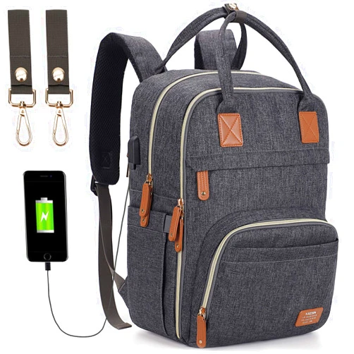 Kasibon Diaper Bag Backpack,Maternity Nappy Bag with USB Charging Port Stroller Straps Dark Grey