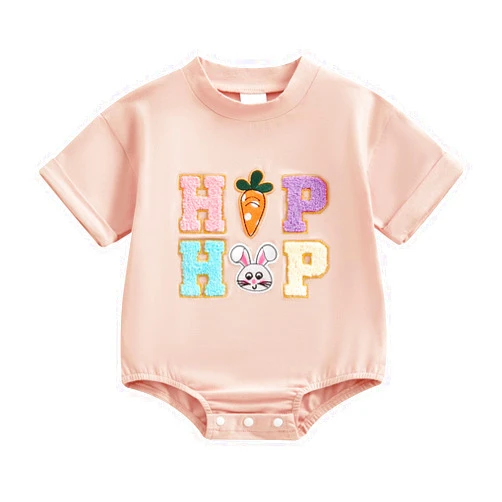 FYBITBO Newborn Baby Boy Girl Easter Outfit Letter Embroidery Romper Short Sleeve T-Shirt Bodysuit My First Easter Clothes