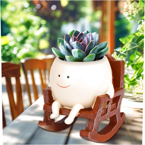 CONNOVA Smiley Face Flower Pot, Unique Smiley Face Rocking Sitting Rocking Chair Flower Pot,Resin Rocking Chair with Drainage Holes, Indoor and Outdoor Plant Pot, DIY Decoration Gift for Plant Lovers