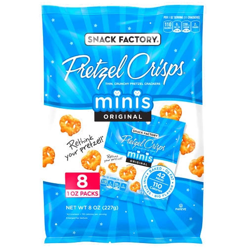 Snack Factory Pretzel Crisps, Original Minis, Multipack of 8 Single-Serve Bags