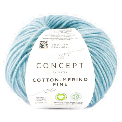 Katia Concept 25g Cotton - Merino Fine - Colour: 100 - Blue - A voluminous yarn made from organic cotton and best merino wool, combined in a delicate chain structure.