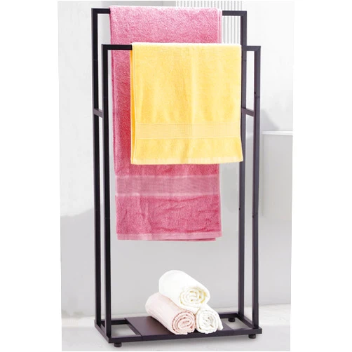 ALHAKIN Standing Towel Racks for Bathroom, 39'' Tall 2 Tier Bathroom Towel Rack Stand with Storage Shelves, Modern Standing Pool Towel Drying Rack for Outdoor, Black Blanket Holder, ALHAKIN