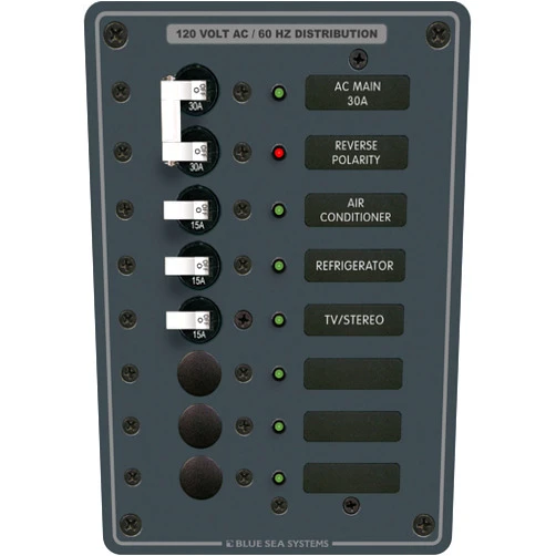 Blue Sea Systems 8027 Traditional Metal Panel, AC Main + 6 Positions, 5-1/4 W x 7-1/2 H