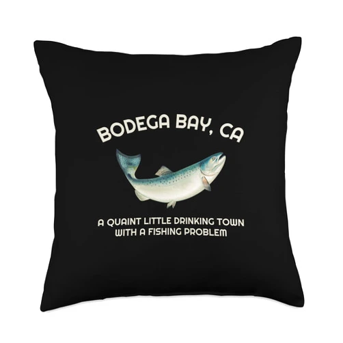 California Coho Silver Salmon Fisherman Quaint Little Drinking Town Fishing Problem Bodega Bay CA Throw Pillow, 18x18, Multicolor