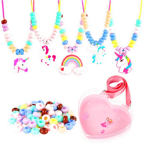 FLYINGSEEDS Unicorn Jewelry Making Kit, 5 Rubber Necklaces and Charms with 100 Big Holes Beads Toy Set, Beading Arts and Crafts, Ideal Gifts for Girls Preschoolers Toddlers Kids Age 3 4 5 6 7 8 9 10
