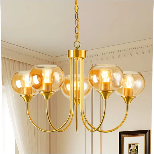FEAZAC Mid Century Modern Globe Chandelier 5 Light Amber Glass Vintage Sputnik Chandeliers Gold Pendant Light Fixtures for Dining Room Kitchen Living Room Bedroom
