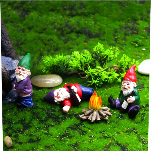 Gwindrise Set of 4 Mini Garden Gnomes with Campfire - 3 Drunk Gnome Figurines and 1 Campfire for Fairy Garden Decor, Plant Pot Decorations, Dashboard Ornaments, and Outdoor Spaces