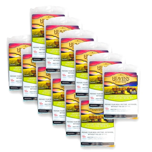 Heaven's Harvest Self Heating Meal Kit - Just add water to activate the heating element and the cooking process begins! Emergency Survival Food with a 10-Year Shelf Life (12-pack, Savory Stroganoff)