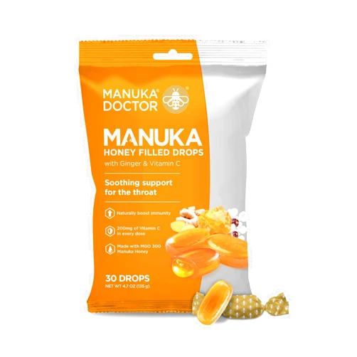 Manuka Doctor Cough Drops, Manuka Middles, 30 Drops (Pack of 1) Bag Throat Lozenges Infused with Raw Manuka Honey, Vitamin C & Ginger for Immune Support, Helps Soothe Sore Throat