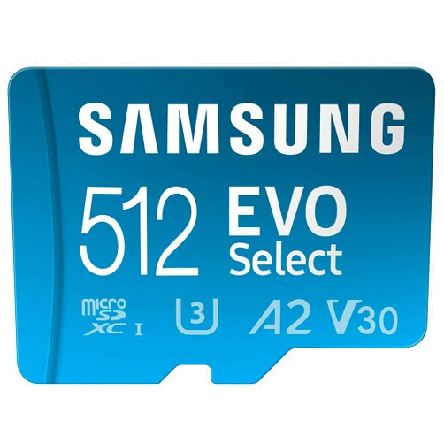SAMSUNG EVO Select Micro SD-Memory-Card + Adapter, 512GB microSDXC 130MB/s Full HD & 4K UHD, UHS-I, U3, A2, V30, Expanded Storage for Android Smartphones, Tablets, Nintendo-Switch (MB-ME512KA/AM)
