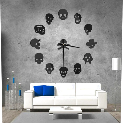 The Geeky Days 3D Skull Wall Clock, Silent Non Ticking DIY Frameless Gothic Wall Clock, Battery Operated Large Wall Clock with Mirror Effect Sticker Skull Clocks Wall Decor for Living Room Bedroom