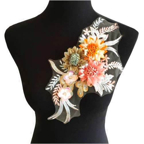 BLINGBO Colorful 3D Flower Embroidery Patches Beaded Sequins Flower LACE Patch Sewing Bridal Veil Wedding Dress DIY Wedding Dress Floral Costume Patch Decor (09)