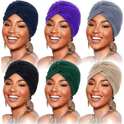 SATINIOR 6 Pieces Turbans for Women Soft Turban Head Wrap Headwear Pleated Beanie Cap Hair Loss Hat (Black, Dark Blue, Beige, Gray, Purple, Navy Blue), Medium