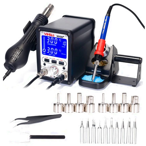 YIHUA 995D+ Professional Soldering & Rework Station bundle with #2300 Hot Air Nozzles with Iron holder, Soldering Cleaning Kit and Accessories (27 Items)