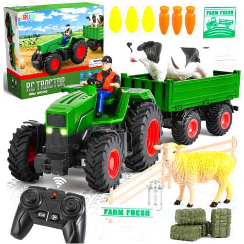 FRUSE Remote Control Tractor Toy,RC Tractor Set & Truck and Trailer,Tractor Toy with 2 Rechargeable Batteries,Light,Farm Toys Include Cows,Sheep and Hay Bales,Toys for 3 4 5 6 7 8 Years Old Boys Girls
