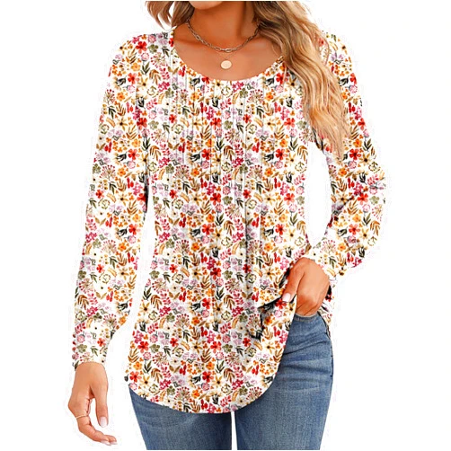 Ficerd Women's Puff Long Sleeve Tunic Tops Pleated Crew Neck Blouses Dressy Casual Loose Fit Fall and Winter Shirts