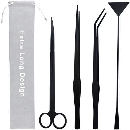 Petsocie Aquarium Aquascape Tools Kit, Long 15 Inch Stainless Steel Aquatic Plants Tools, 4 in 1 Anti-Rust Black Aquascaping Tweezers Scissors Spatula Scrapers Tool Set for Fish Tank Cleaning Plant Trimming
