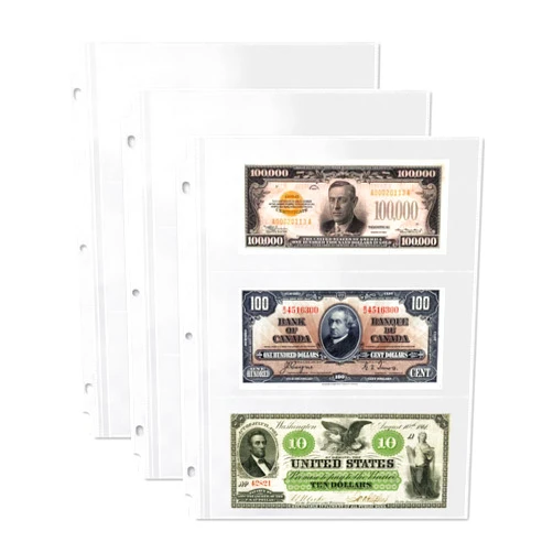 Dunwell Binder Currency Sleeves for Collectors - (25 Pack), Acid-Free 3-Pocket Clear Plastic Refill Pages for Currency Collection Album, 3-Ring Binder Sheet Protectors for Bills, Banknotes or Coupons