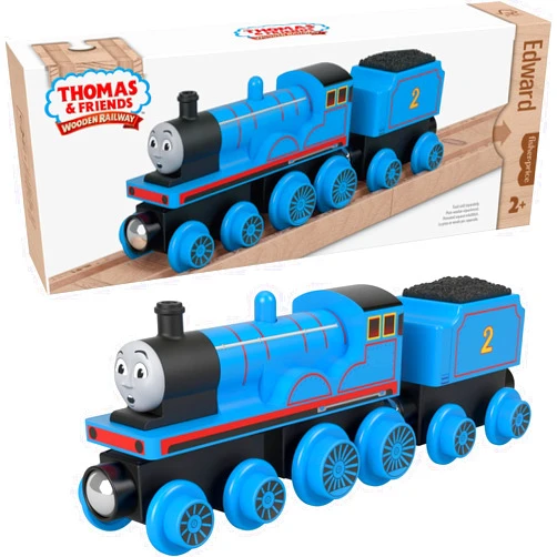 Thomas & Friends Fisher-Price Wooden Railway Edward Engine and Coal Car, Push-Along Train Made from sustainably sourced Wood for Kids 2 Years and up