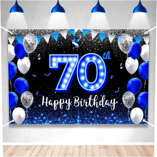 BECKTEN Large Happy 70th Birthday Backdrop Banner Blue Black Theme Decor with Blue Neon Light Shiny Fashion Birthday Party Photo Photography Prop Booth Background for Men Women Celebration 98.4x65in-BECKTEN