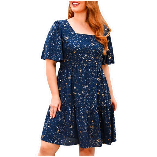 WCMZJ Womens Plus Size Dress Stars Printed Linen Midi Dress Square Neck Ruffle Short Sleeve Casual Dress Peplum Waist Pleated Dress