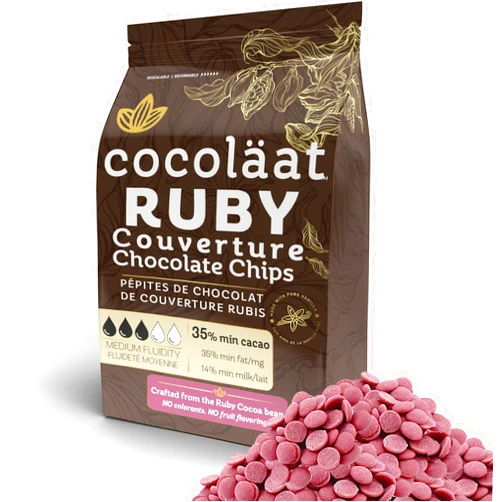 Cocolaat Cocoläat Ruby Couverture Chocolate Chips | Culinary Grade for Bakers, Pastry Chefs, & Chocolatiers | 35% Cocoa - 35% Fat | Gold Foil Resealable Pouch Perfect Holiday Gift | 12 oz