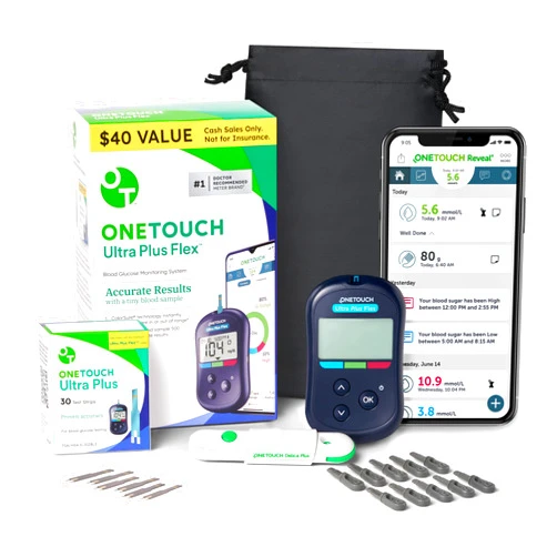 OneTouch Ultra Plus Flex Test Kit - Includes Ultra Plus Flex Blood Glucose Meter, 10 Lancets, Lancing Device, 30 Test Strips & Carrying Pouch - Diabetes Care Supplies