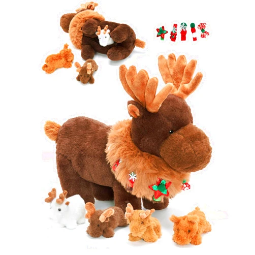 OUOZZZ Moose Stuffed Animal Plush Set – 14.5″ Large Mama Moose with 4 Baby Calves – Soft Reindeer, Elk & Deer Toy for Toddlers & Kids