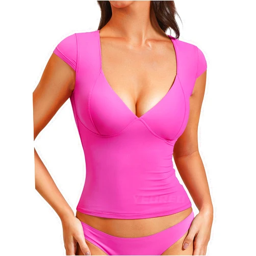 YEOREO Diva Women Basics T Shirts Going Out Y2K Double Lined Deep V Neck Short Sleeve Slim Fit Crop Tops Cut Sexy Tee