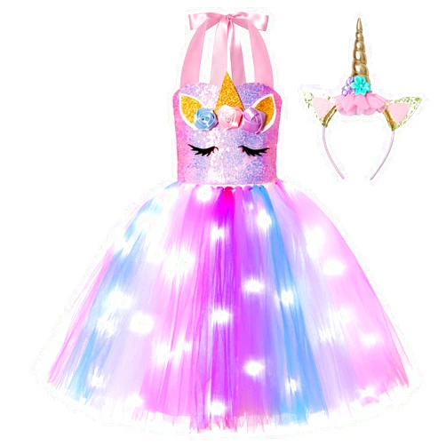 Gigoitly Unicorn Dress for Girls Sequin Unicorn Costume with LED Lights for Halloween Birthday Party Decorations