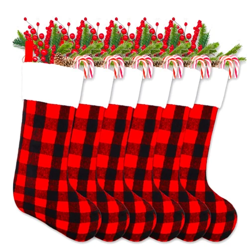 YUJUN 6 Pack 22 Inches Christmas Stockings, Xmas Large Black Red Buffalo Plaid Hanging Stockings Decorations for Christmas Tree Fireplace Family Holiday Party Decor