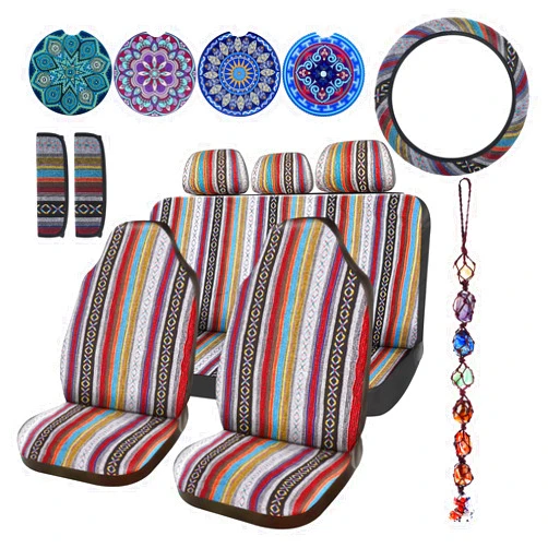 Frienda 14 Pcs Baja Car Seat Covers Full Set Multicolor Stripe Boho Print Steering Wheel Cover Seat Belt Cover Crystal Hanging Ornament Car Holders Fits (Stripe Style)